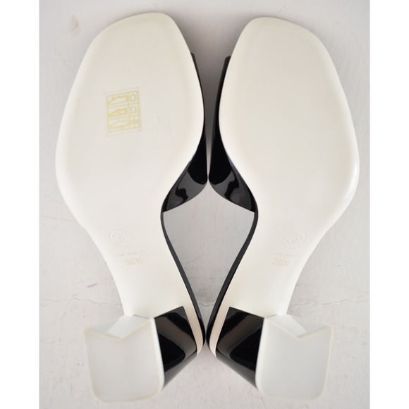 Chanel 22C Black Patent Calf White CC Logo Mule Slide Block Heel Sandal 36.5 - Picture 12 of 12